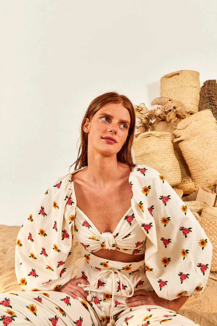 FARM RIO Mixed Cross Stitch Flowers Crop Top New In