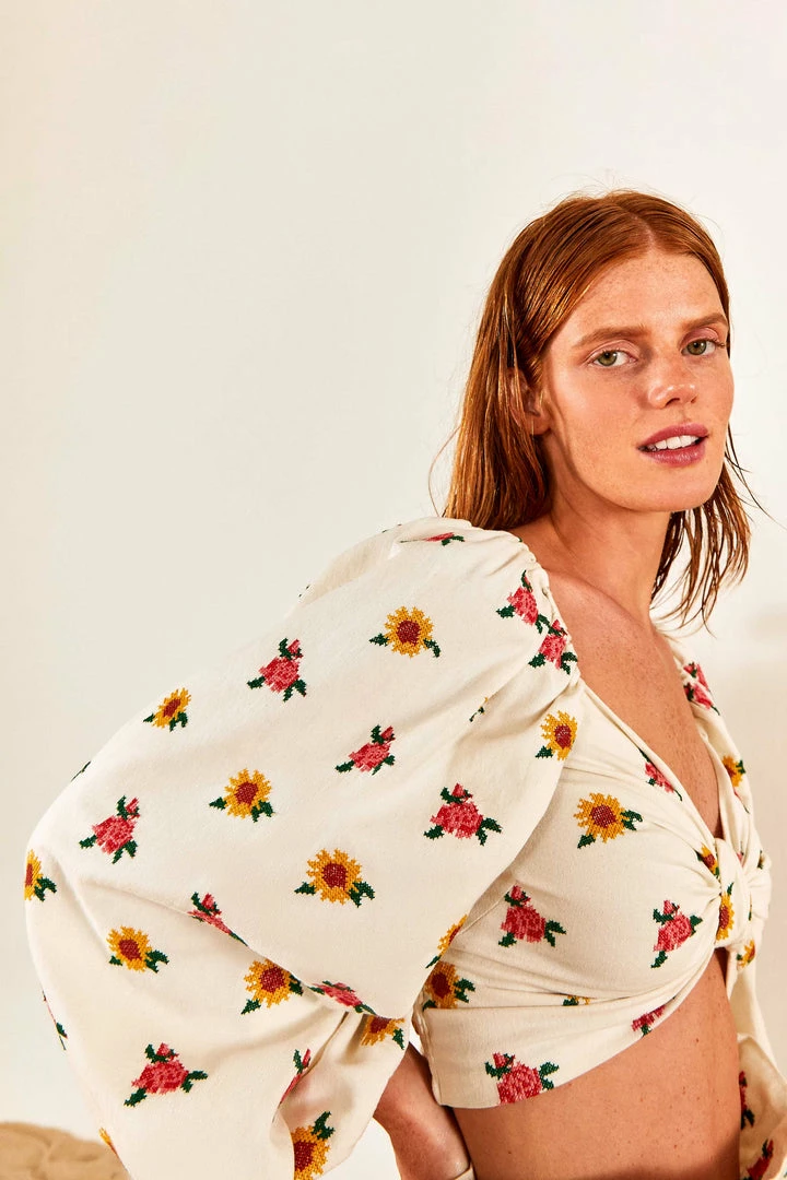 FARM RIO Mixed Cross Stitch Flowers Crop Top New In