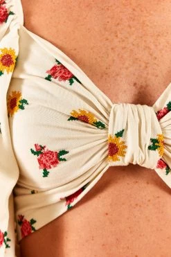 FARM RIO Mixed Cross Stitch Flowers Crop Top New In