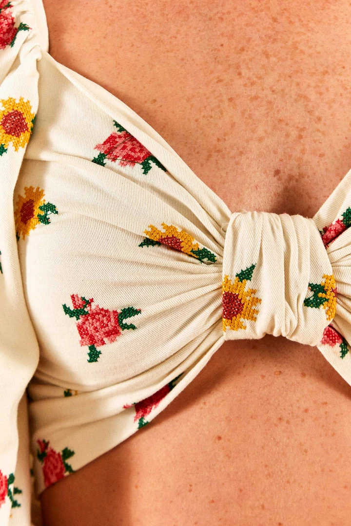 FARM RIO Mixed Cross Stitch Flowers Crop Top New In