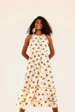 FARM RIO Mixed Cross Stitch Flowers Midi Dress New In