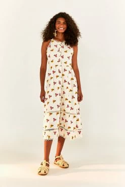 FARM RIO Mixed Cross Stitch Flowers Midi Dress New In