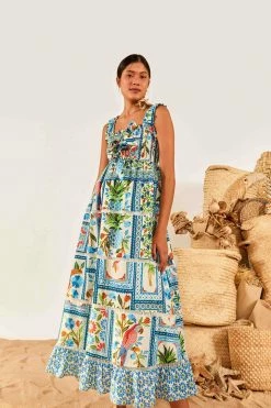FARM RIO New In Tropical Tiles Square Neck Maxi Dress