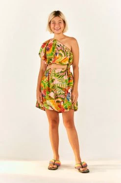 FARM RIO Macaw Leaves One-Shoulder Mini Dress