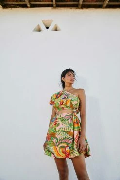 FARM RIO Macaw Leaves One-Shoulder Mini Dress