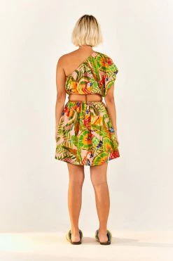 FARM RIO Macaw Leaves One-Shoulder Mini Dress