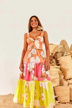 FARM RIO Mixed Neon Garden Tiered Midi Dress