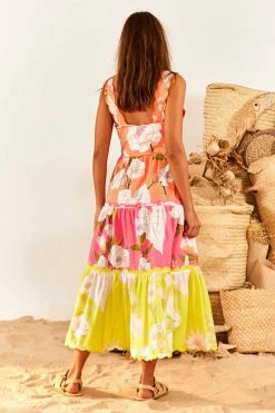 FARM RIO Mixed Neon Garden Tiered Midi Dress