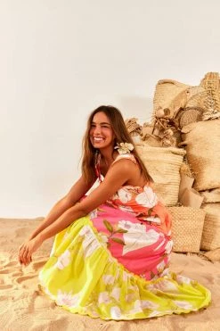 FARM RIO Mixed Neon Garden Tiered Midi Dress