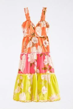 FARM RIO Mixed Neon Garden Tiered Midi Dress