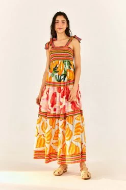 FARM RIO Fruits Scarves Tiered Maxi Dress New In