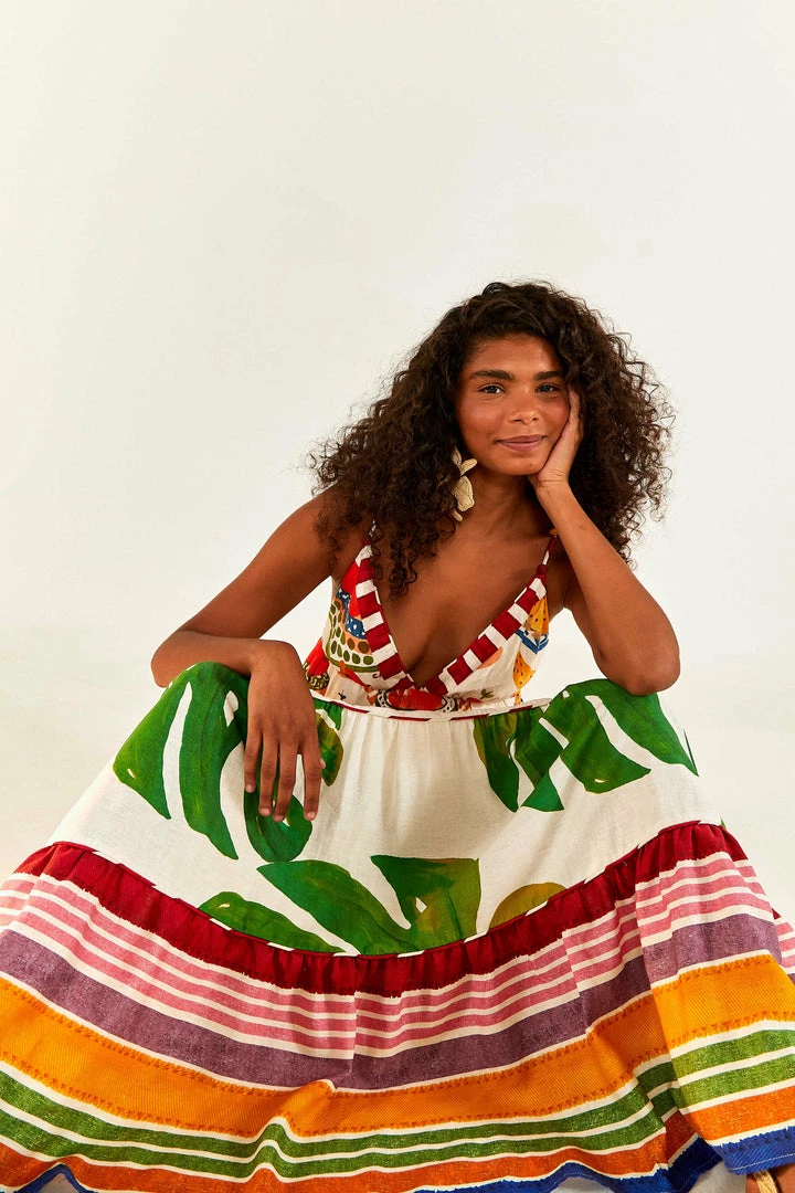 FARM RIO Mixed Picnic V Neck Maxi Dress New In