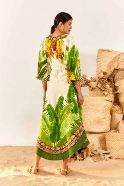 FARM RIO Fresh Forest Scarf V Neck Midi Dress New In