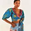 FARM RIO Blue Ocean Stories Wrap Blouse New In