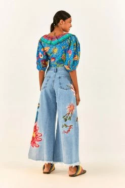 FARM RIO Blue Ocean Stories Wrap Blouse New In