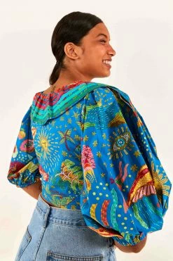 FARM RIO Blue Ocean Stories Wrap Blouse New In