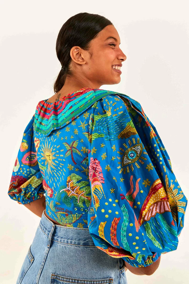 FARM RIO Blue Ocean Stories Wrap Blouse New In