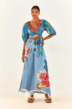 FARM RIO Blue Ocean Stories Wrap Blouse New In