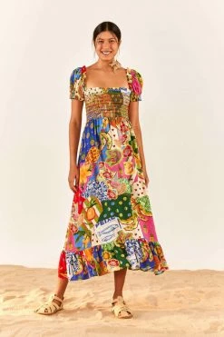 FARM RIO Sunny Mix Square Neck Midi Dress
