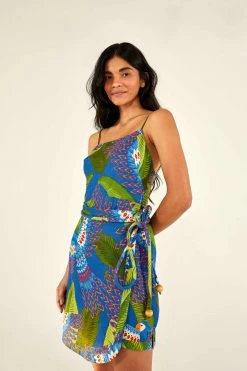 FARM RIO Blue Macaw Mini Wrap Dress