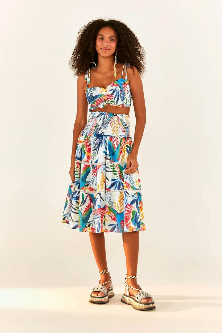 FARM RIO New In Macaw Wind Smocked Midi Skirt