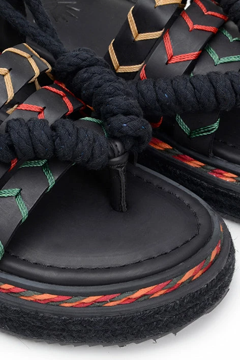 FARM RIO BLACK ROPE TIE FLATFORM SANDAL New In