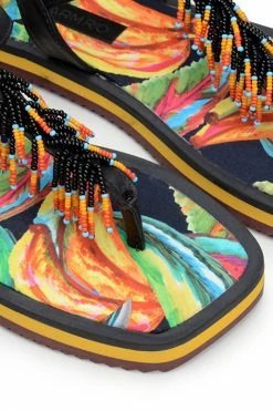 FARM RIO BLACK BANANA BEADED FLAT SANDAL New In