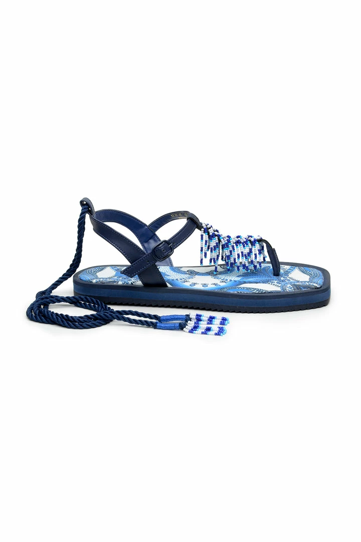 FARM RIO BLUE TILE BEADED FLAT SANDALS