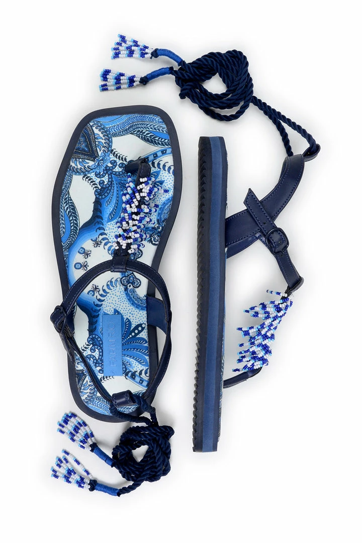 FARM RIO BLUE TILE BEADED FLAT SANDALS