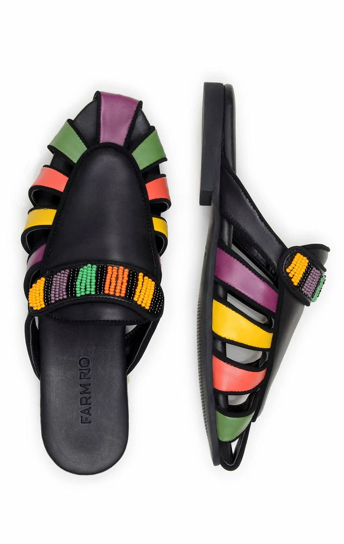 FARM RIO Black Rainbow Beaded Mule