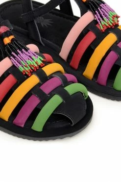 FARM RIO BLACK BEADED RAINBOW TUBE STRAP SANDAL