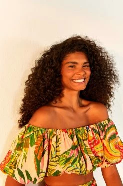 FARM RIO New In Macaw Leaves Off Shoulder Crop Top