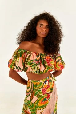 FARM RIO New In Macaw Leaves Off Shoulder Crop Top