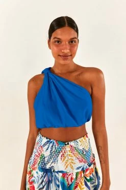 FARM RIO Blue One-Shoulder Knot Top