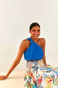 FARM RIO Blue One-Shoulder Knot Top