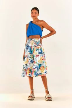 FARM RIO Blue One-Shoulder Knot Top